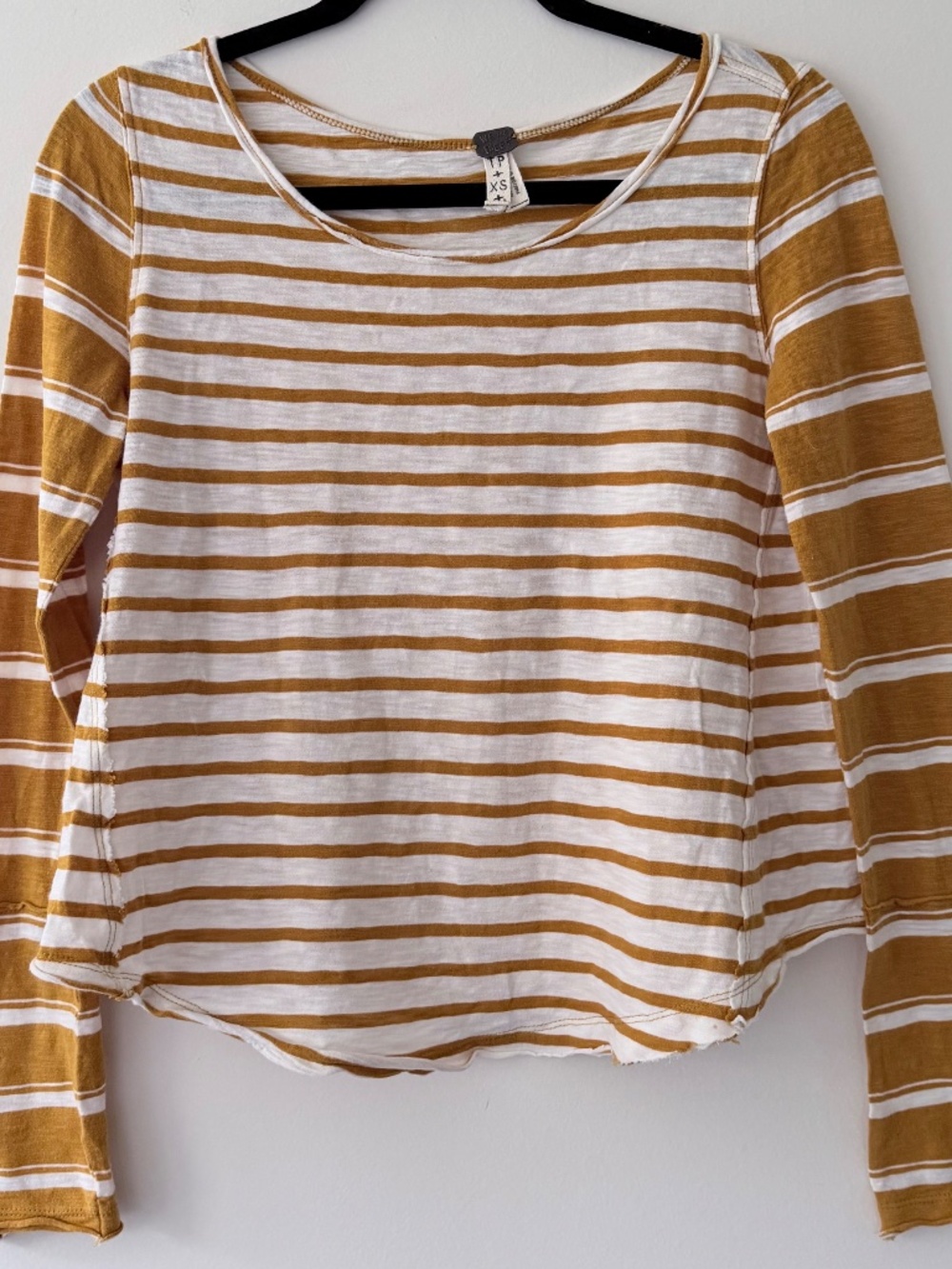 We the Free Striped Cotton Curved Hem Mustard Wht Fashion Tee Casual Raw Edge